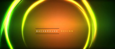 Neon parlayan daire ışınları, karanlıkta ışık saçan yuvarlak çizgiler, gezegen tarzı neon dalga çizgileri. Duvar kağıdı, afiş, arkaplan için enerji yüklü elektrik konsept tasarımı