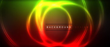 Neon parlayan daire ışınları, karanlıkta ışık saçan yuvarlak çizgiler, gezegen tarzı neon dalga çizgileri. Duvar kağıdı, afiş, arkaplan için enerji yüklü elektrik konsept tasarımı