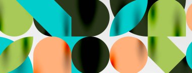 Mozaik geometrik elementler. Renkli daireler, yuvarlak geometrik şekiller ve gölgeli üç boyutlu çizgiler. Duvar kağıdı, pankart, şablon veya iniş için basit biçimler