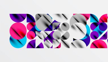 Renkli güzel daireler, yarı daireler, kareler ve yuvarlak üçgenler. Duvar kağıdı, afiş, arkaplan, kart, kitap illüstrasyonu, iniş sayfası için geometrik mozaik mozaik desen soyut arkaplan