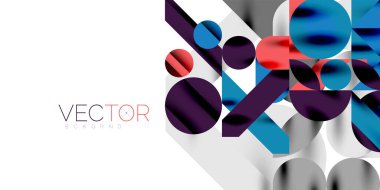 Renkli basit dinamik geometrik şekiller daire çizgileri ve yuvarlak şekiller oluşturur. Mozaik tekno sanat konsepti. Duvar Kağıdı, Sancak, Arkaplan, Kart, Kitap İllüstrasyonu, İniş Sayfası