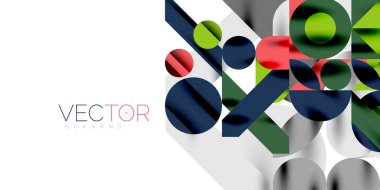 Renkli basit dinamik geometrik şekiller daire çizgileri ve yuvarlak şekiller oluşturur. Mozaik tekno sanat konsepti. Duvar Kağıdı, Sancak, Arkaplan, Kart, Kitap İllüstrasyonu, İniş Sayfası