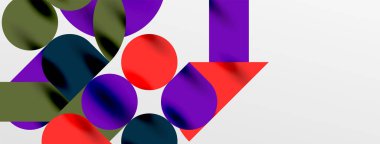 Mozaik geometrik elementler. Renkli daireler, yuvarlak geometrik şekiller ve gölgeli üç boyutlu çizgiler. Duvar kağıdı, pankart, şablon veya iniş için basit biçimler