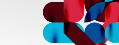 Mozaik geometrik elementler. Renkli daireler, yuvarlak geometrik şekiller ve gölgeli üç boyutlu çizgiler. Duvar kağıdı, pankart, şablon veya iniş için basit biçimler