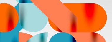 Mozaik geometrik elementler. Renkli daireler, yuvarlak geometrik şekiller ve gölgeli üç boyutlu çizgiler. Duvar kağıdı, pankart, şablon veya iniş için basit biçimler