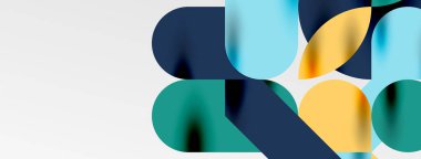 Mozaik geometrik elementler. Renkli daireler, yuvarlak geometrik şekiller ve gölgeli üç boyutlu çizgiler. Duvar kağıdı, pankart, şablon veya iniş için basit biçimler