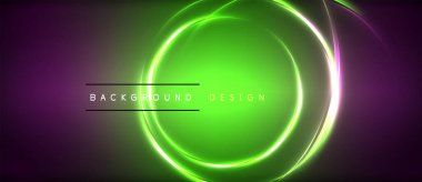 Neon parlayan daire ışınları, karanlıkta ışık saçan yuvarlak çizgiler, gezegen tarzı neon dalga çizgileri. Duvar kağıdı, afiş, arkaplan için enerji yüklü elektrik konsept tasarımı