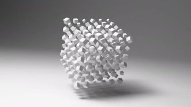 3D video küp animasyon arkaplanı. Geometrik 3D şekil beyaz stüdyoda. Gri döngülü soyut tekno arkaplan