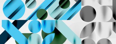 Renkli basit dinamik geometrik şekiller daire çizgileri ve yuvarlak şekiller oluşturur. Mozaik tekno sanat konsepti. Duvar Kağıdı, Sancak, Arkaplan, Kart, Kitap İllüstrasyonu, İniş Sayfası