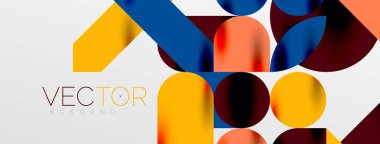 Mozaik geometrik elementler. Renkli daireler, yuvarlak geometrik şekiller ve gölgeli üç boyutlu çizgiler. Duvar kağıdı, pankart, şablon veya iniş için basit biçimler