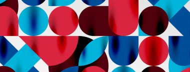 Mozaik geometrik elementler. Renkli daireler, yuvarlak geometrik şekiller ve gölgeli üç boyutlu çizgiler. Duvar kağıdı, pankart, şablon veya iniş için basit biçimler