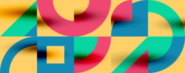 Neo memphis geometrik desenli daireler, kareler. Kapaklar, afişler, el ilanları ve posterler ve diğer şablonlar için pop sanatları soyut arka plan