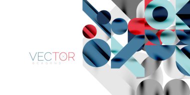 Renkli basit dinamik geometrik şekiller daire çizgileri ve yuvarlak şekiller oluşturur. Mozaik tekno sanat konsepti. Duvar Kağıdı, Sancak, Arkaplan, Kart, Kitap İllüstrasyonu, İniş Sayfası