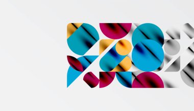 Renkli güzel daireler, yarı daireler, kareler ve yuvarlak üçgenler. Duvar kağıdı, afiş, arkaplan, kart, kitap illüstrasyonu, iniş sayfası için geometrik mozaik mozaik desen soyut arkaplan