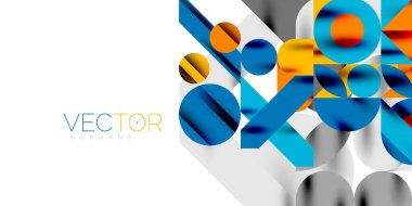 Renkli basit dinamik geometrik şekiller daire çizgileri ve yuvarlak şekiller oluşturur. Mozaik tekno sanat konsepti. Duvar Kağıdı, Sancak, Arkaplan, Kart, Kitap İllüstrasyonu, İniş Sayfası