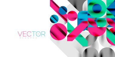 Renkli basit dinamik geometrik şekiller daire çizgileri ve yuvarlak şekiller oluşturur. Mozaik tekno sanat konsepti. Duvar Kağıdı, Sancak, Arkaplan, Kart, Kitap İllüstrasyonu, İniş Sayfası