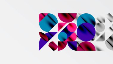 Renkli güzel daireler, yarı daireler, kareler ve yuvarlak üçgenler. Duvar kağıdı, afiş, arkaplan, kart, kitap illüstrasyonu, iniş sayfası için geometrik mozaik mozaik desen soyut arkaplan