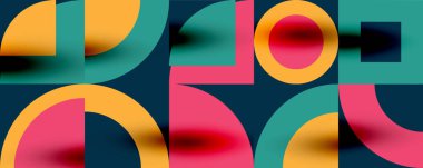 Neo memphis geometrik desenli daireler, kareler. Kapaklar, afişler, el ilanları ve posterler ve diğer şablonlar için pop sanatları soyut arka plan