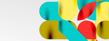 Mozaik geometrik elementler. Renkli daireler, yuvarlak geometrik şekiller ve gölgeli üç boyutlu çizgiler. Duvar kağıdı, pankart, şablon veya iniş için basit biçimler