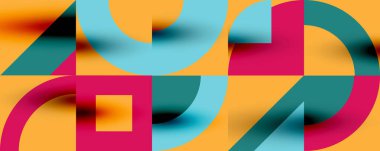 Neo memphis geometrik desenli daireler, kareler. Kapaklar, afişler, el ilanları ve posterler ve diğer şablonlar için pop sanatları soyut arka plan