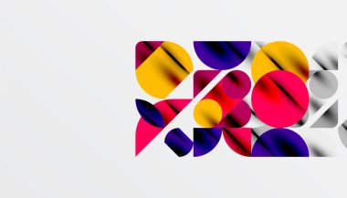 Renkli güzel daireler, yarı daireler, kareler ve yuvarlak üçgenler. Duvar kağıdı, afiş, arkaplan, kart, kitap illüstrasyonu, iniş sayfası için geometrik mozaik mozaik desen soyut arkaplan