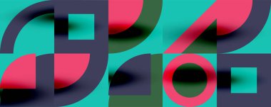 Neo memphis geometrik desenli daireler, kareler. Kapaklar, afişler, el ilanları ve posterler ve diğer şablonlar için pop sanatları soyut arka plan