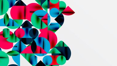 Renkli güzel daireler, yarı daireler, kareler ve yuvarlak üçgenler. Duvar kağıdı, afiş, arkaplan, kart, kitap illüstrasyonu, iniş sayfası için geometrik mozaik mozaik desen soyut arkaplan