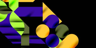 Renkli basit dinamik geometrik şekiller daire çizgileri ve yuvarlak şekiller oluşturur. Mozaik tekno sanat konsepti. Duvar Kağıdı, Sancak, Arkaplan, Kart, Kitap İllüstrasyonu, İniş Sayfası