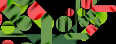 Renkli basit dinamik geometrik şekiller daire çizgileri ve yuvarlak şekiller oluşturur. Mozaik tekno sanat konsepti. Duvar Kağıdı, Sancak, Arkaplan, Kart, Kitap İllüstrasyonu, İniş Sayfası