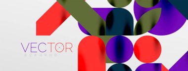 Mozaik geometrik elementler. Renkli daireler, yuvarlak geometrik şekiller ve gölgeli üç boyutlu çizgiler. Duvar kağıdı, pankart, şablon veya iniş için basit biçimler