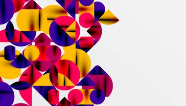 Renkli güzel daireler, yarı daireler, kareler ve yuvarlak üçgenler. Duvar kağıdı, afiş, arkaplan, kart, kitap illüstrasyonu, iniş sayfası için geometrik mozaik mozaik desen soyut arkaplan
