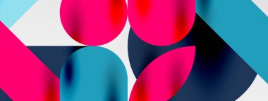 Mozaik geometrik elementler. Renkli daireler, yuvarlak geometrik şekiller ve gölgeli üç boyutlu çizgiler. Duvar kağıdı, pankart, şablon veya iniş için basit biçimler