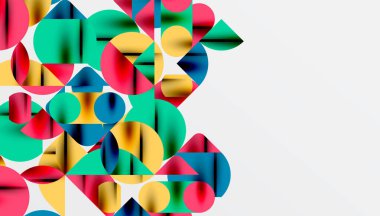 Renkli güzel daireler, yarı daireler, kareler ve yuvarlak üçgenler. Duvar kağıdı, afiş, arkaplan, kart, kitap illüstrasyonu, iniş sayfası için geometrik mozaik mozaik desen soyut arkaplan