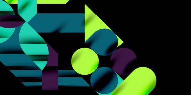 Renkli basit dinamik geometrik şekiller daire çizgileri ve yuvarlak şekiller oluşturur. Mozaik tekno sanat konsepti. Duvar Kağıdı, Sancak, Arkaplan, Kart, Kitap İllüstrasyonu, İniş Sayfası