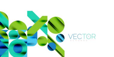 Renkli basit dinamik geometrik şekiller daire çizgileri ve yuvarlak şekiller oluşturur. Mozaik tekno sanat konsepti. Duvar Kağıdı, Sancak, Arkaplan, Kart, Kitap İllüstrasyonu, İniş Sayfası