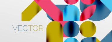 Mozaik geometrik elementler. Renkli daireler, yuvarlak geometrik şekiller ve gölgeli üç boyutlu çizgiler. Duvar kağıdı, pankart, şablon veya iniş için basit biçimler