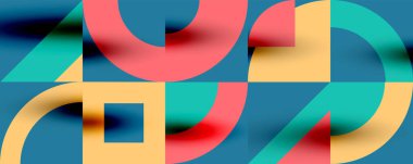 Neo memphis geometrik desenli daireler, kareler. Kapaklar, afişler, el ilanları ve posterler ve diğer şablonlar için pop sanatları soyut arka plan