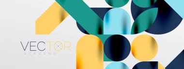 Mozaik geometrik elementler. Renkli daireler, yuvarlak geometrik şekiller ve gölgeli üç boyutlu çizgiler. Duvar kağıdı, pankart, şablon veya iniş için basit biçimler