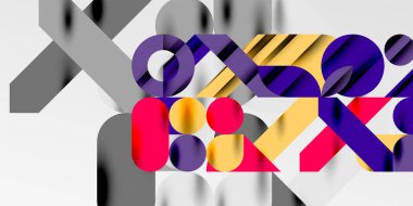 Renkli basit dinamik geometrik şekiller daire çizgileri ve yuvarlak şekiller oluşturur. Mozaik tekno sanat konsepti. Duvar Kağıdı, Sancak, Arkaplan, Kart, Kitap İllüstrasyonu, İniş Sayfası