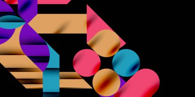 Renkli basit dinamik geometrik şekiller daire çizgileri ve yuvarlak şekiller oluşturur. Mozaik tekno sanat konsepti. Duvar Kağıdı, Sancak, Arkaplan, Kart, Kitap İllüstrasyonu, İniş Sayfası