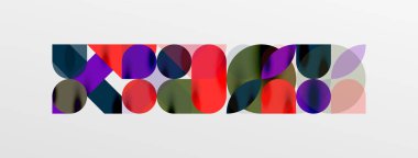 Mozaik geometrik elementler. Renkli daireler, yuvarlak geometrik şekiller ve gölgeli üç boyutlu çizgiler. Duvar kağıdı, pankart, şablon veya iniş için basit biçimler