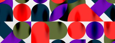 Mozaik geometrik elementler. Renkli daireler, yuvarlak geometrik şekiller ve gölgeli üç boyutlu çizgiler. Duvar kağıdı, pankart, şablon veya iniş için basit biçimler