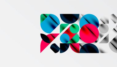 Renkli güzel daireler, yarı daireler, kareler ve yuvarlak üçgenler. Duvar kağıdı, afiş, arkaplan, kart, kitap illüstrasyonu, iniş sayfası için geometrik mozaik mozaik desen soyut arkaplan