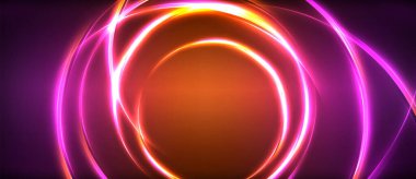 Neon parlayan daire ışınları, karanlıkta ışık saçan yuvarlak çizgiler, gezegen tarzı neon dalga çizgileri. Duvar kağıdı, afiş, arkaplan için enerji yüklü elektrik konsept tasarımı
