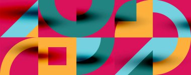 Neo memphis geometrik desenli daireler, kareler. Kapaklar, afişler, el ilanları ve posterler ve diğer şablonlar için pop sanatları soyut arka plan