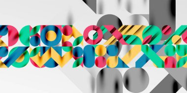 Renkli basit dinamik geometrik şekiller daire çizgileri ve yuvarlak şekiller oluşturur. Mozaik tekno sanat konsepti. Duvar Kağıdı, Sancak, Arkaplan, Kart, Kitap İllüstrasyonu, İniş Sayfası