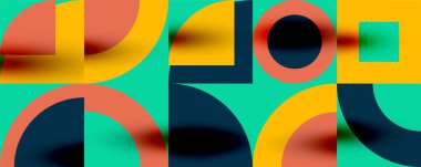 Neo memphis geometrik desenli daireler, kareler. Kapaklar, afişler, el ilanları ve posterler ve diğer şablonlar için pop sanatları soyut arka plan