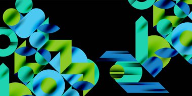 Renkli basit dinamik geometrik şekiller daire çizgileri ve yuvarlak şekiller oluşturur. Mozaik tekno sanat konsepti. Duvar Kağıdı, Sancak, Arkaplan, Kart, Kitap İllüstrasyonu, İniş Sayfası