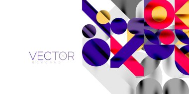 Renkli basit dinamik geometrik şekiller daire çizgileri ve yuvarlak şekiller oluşturur. Mozaik tekno sanat konsepti. Duvar Kağıdı, Sancak, Arkaplan, Kart, Kitap İllüstrasyonu, İniş Sayfası