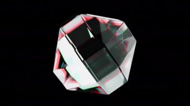 3D cam yanardöner kristal şekilli kırılma ve holografik efekt siyah arka planda izole. Dağılma ışığını ayarlayın. Döngü 3d canlandırması